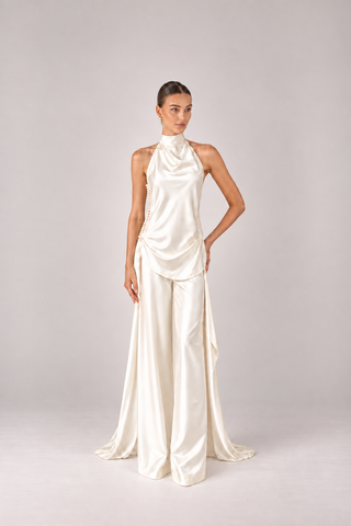 Cascade cowl neck top with open back