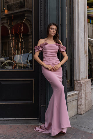 Front view of Lydia Matte Crepe Gown by Nadia's, featuring the elegant off-the-shoulder neckline and structured bodice with ruching.