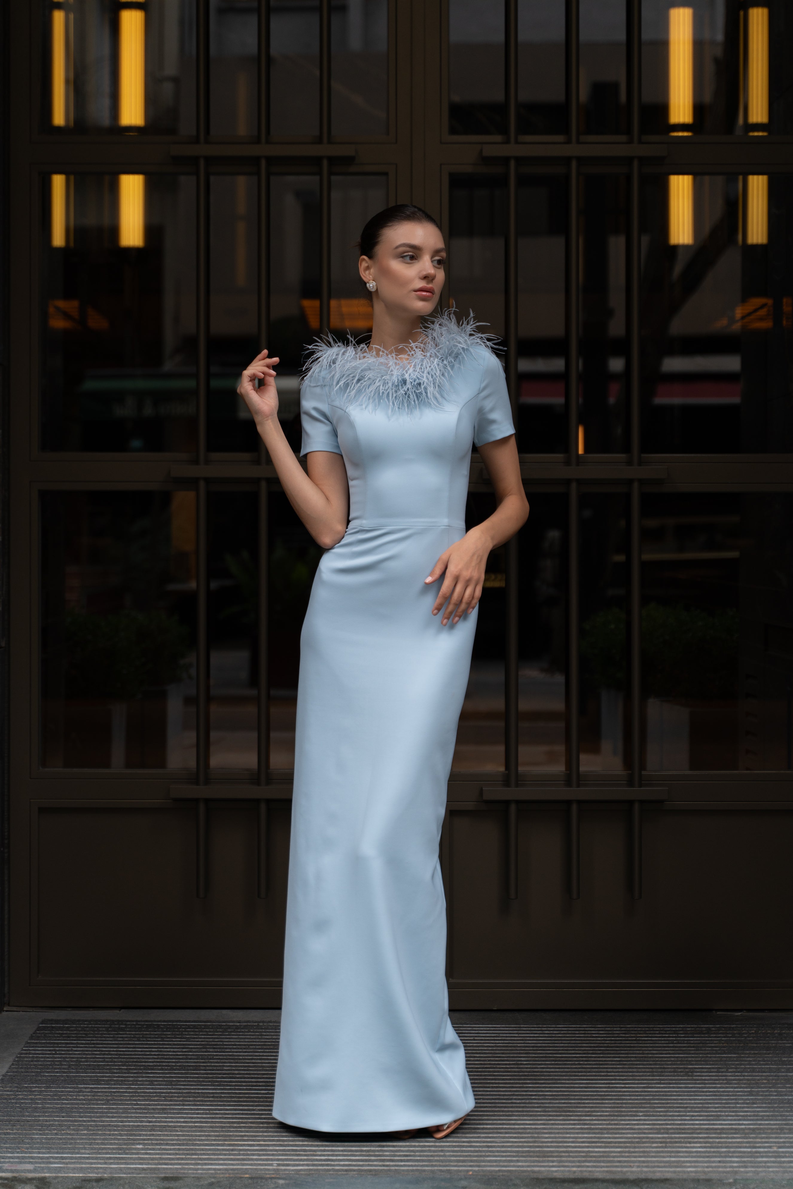 Gloria Ostrich Feather Gown by Nadia's Elegant Special Occasion Dress in Stock / Light Blue / 10 Gloria Ostrich Feather Gown by Nadia's Elegant Special Occasion Dress in Stock / Light Blue / 10