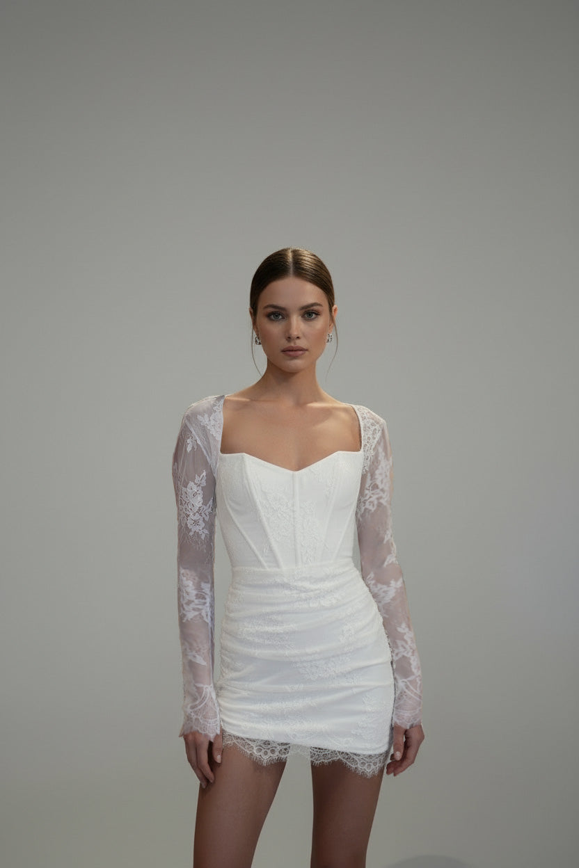 Luciana Ruched Lace Mini Bridal Dress | Sweetheart Neckline, Sleeveless Nadia's Luciana Ruched Lace Mini Bridal Dress | Sweetheart Neckline, Sleeveless Nadia's