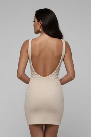 beaded reception dress Nude Beaded Sheath Mini Dress