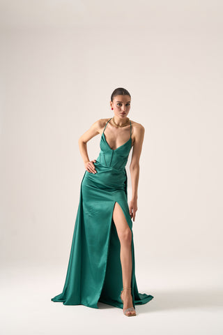 Luxury maxi dress with a flattering corset design, sleeveless style, and a bold slit, perfect for formal occasions.