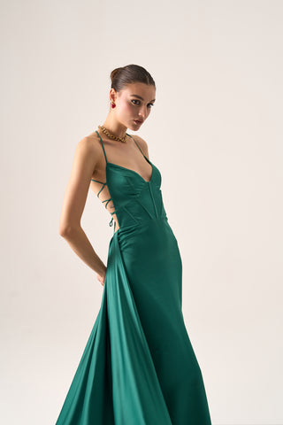 Stunning A-line dress with a sculpted bodice, delicate spaghetti straps, and a sleek slit accentuating the flowing design.