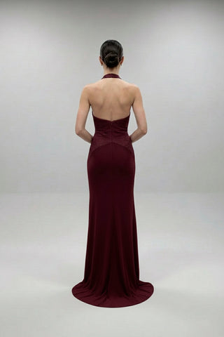 burgundy column dress Elera Plunging Column Evening Gown Designer Formal Dress by Nadia's Made to Order / Burgundy / 12