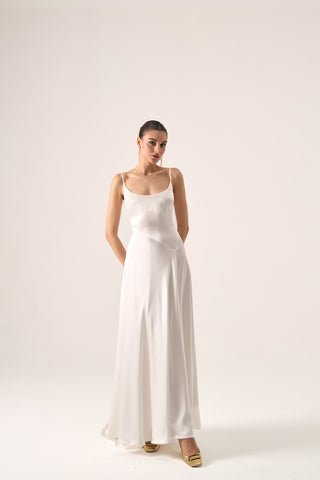 Maxi wedding dress with a graceful bias cut, scoop neckline, and sleek silhouette for modern sophistication