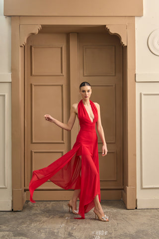 Luxury evening dress with a structured bodice, flowing skirt, and halter neckline, blending sophistication with modern glamour.