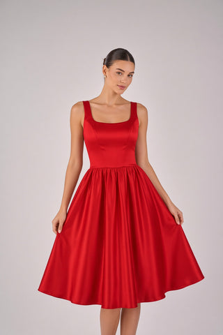 2409 scoop neck satin mini dress with gathered a-line skirt