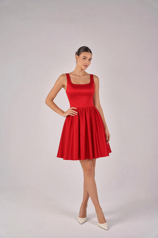 2409 scoop neck satin mini dress with gathered a-line skirt