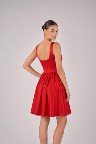 2409 scoop neck satin mini dress with gathered a-line skirt
