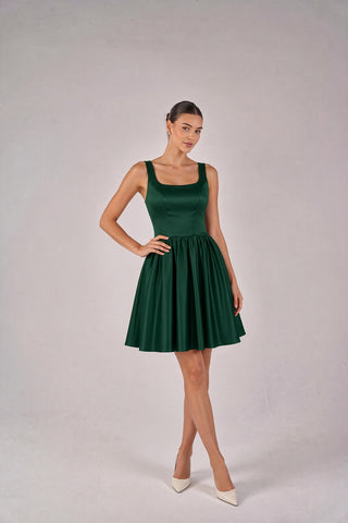 2409 scoop neck satin mini dress with gathered a-line skirt