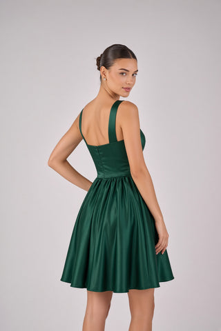 2409 scoop neck satin mini dress with gathered a-line skirt