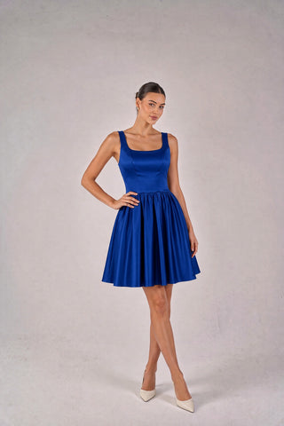 2409 scoop neck satin mini dress with gathered a-line skirt