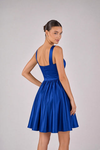2409 scoop neck satin mini dress with gathered a-line skirt