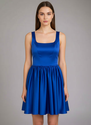 2409 scoop neck satin mini dress with gathered a-line skirt