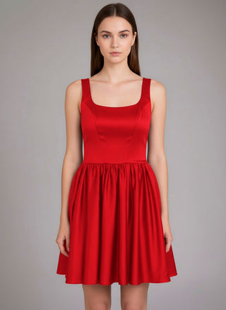 2409 scoop neck satin mini dress with gathered a-line skirt