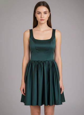 2409 scoop neck satin mini dress with gathered a-line skirt