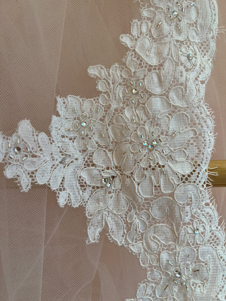 Cathedral length ivory veil with floral lace and beaded trim