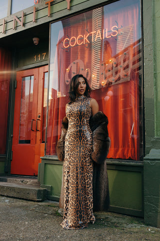 Sequined Leopard Print Column Maxi Evening Gown by Nadia’s