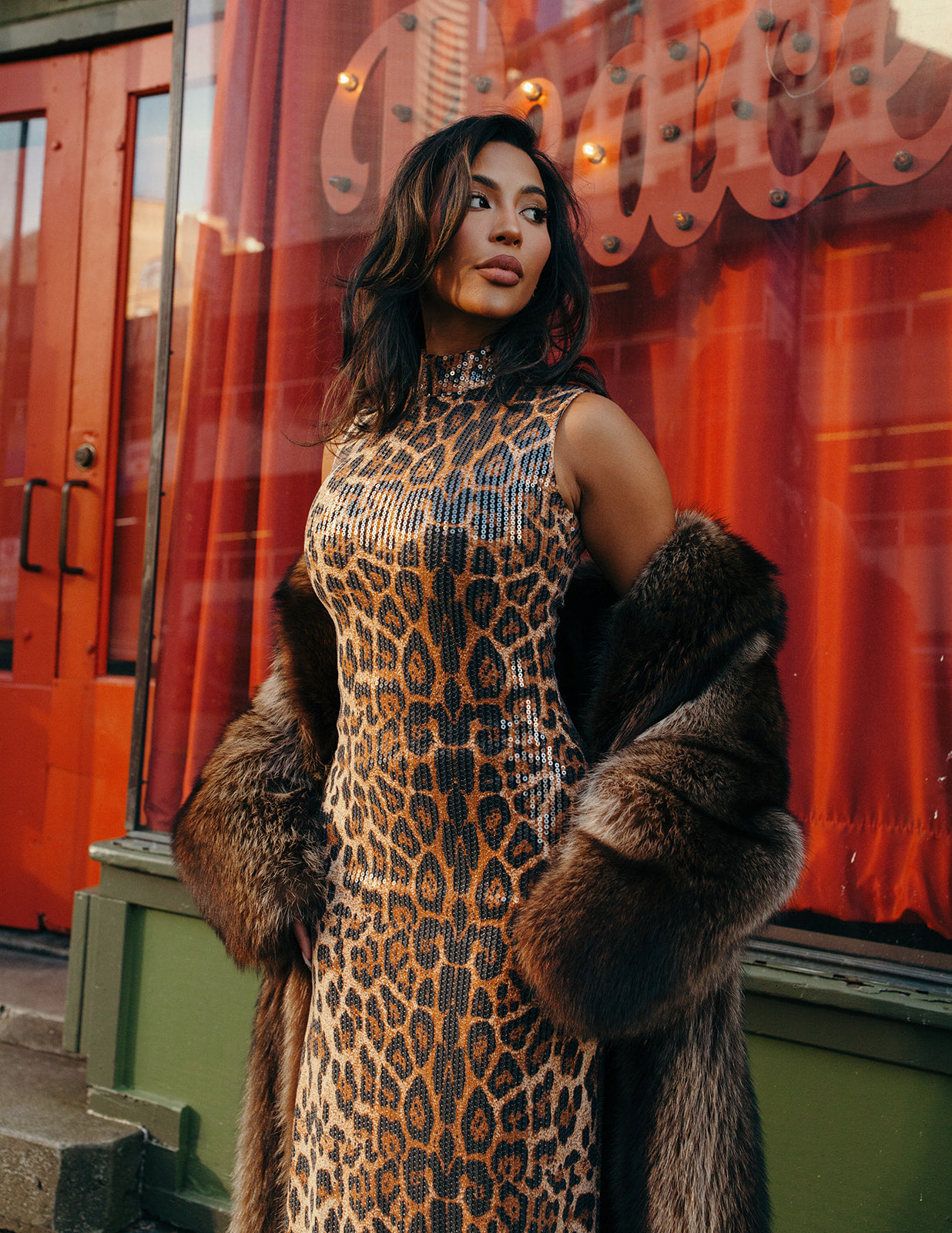 Sequined Leopard Print Column Maxi Evening Gown by Nadias | Luxury Formal Dress In Stock / Animal / 2 Sequined Leopard Print Column Maxi Evening Gown by Nadias | Luxury Formal Dress In Stock / Animal / 2