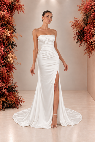Kyha satin bridal gown with overskirt
