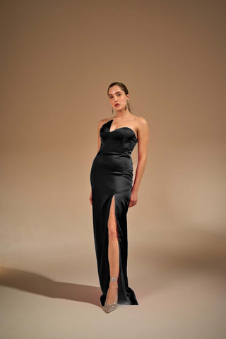 Floor-length column gown with a figure-contouring fit, strapless bodice, and daring front slit for a refined yet bold evening style.