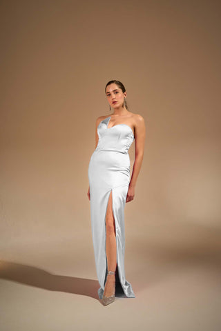 Sophisticated column evening dress with a strapless sweetheart neckline and high front slit, designed for a sleek, elegant look.