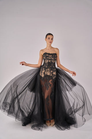 Luxurious black tulle overskirt with structured sweep train