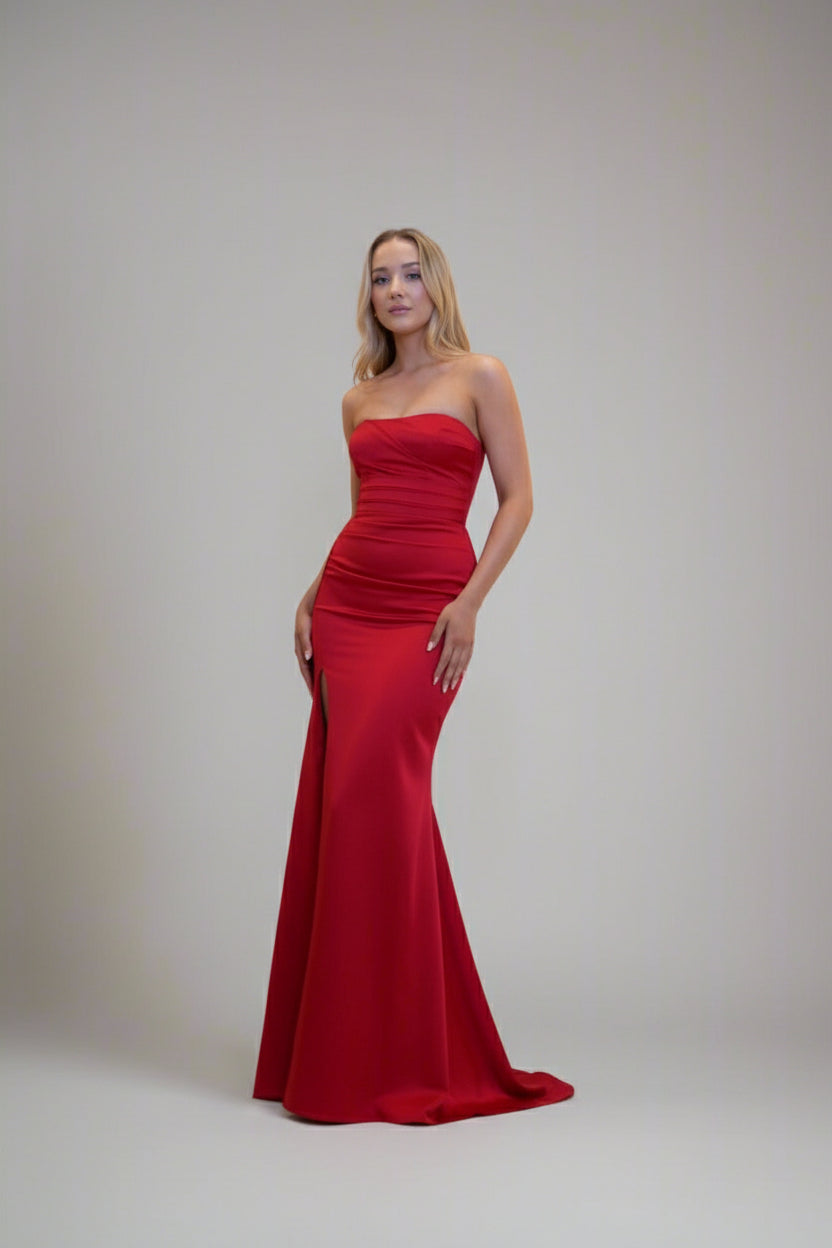 designer corset dress 7483 Satin while the soft satin fabrication cascades down to a leg slit for extra sass Amelia Couture 5056S Velvet Strapless