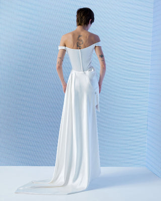 Vivienne Westwood made-to-order mini wedding dress in pearl silk satin showcasing signature draping and British craftsmanship