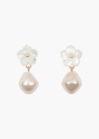 Pair of pearl earrings with floral designs on a white background