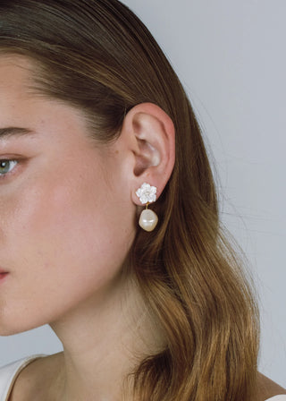 Close-up of a woman wearing floral earrings with a plain background