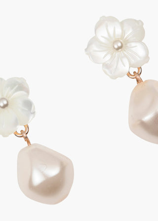 Pearl earrings with floral designs on a white background