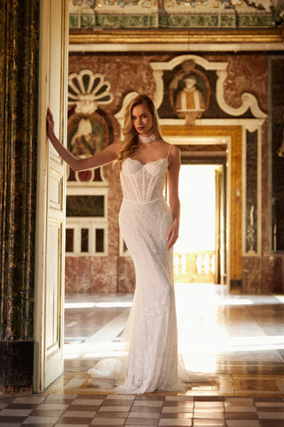 Mia Lavi exclusive lace wedding dress with structured boning, romantic beading, and a signature couture choker detail