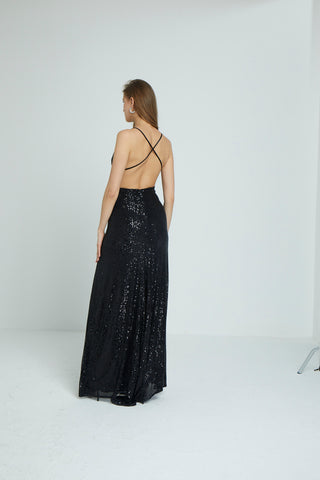Rio High Slit Sequin Aline Gown with Open Back