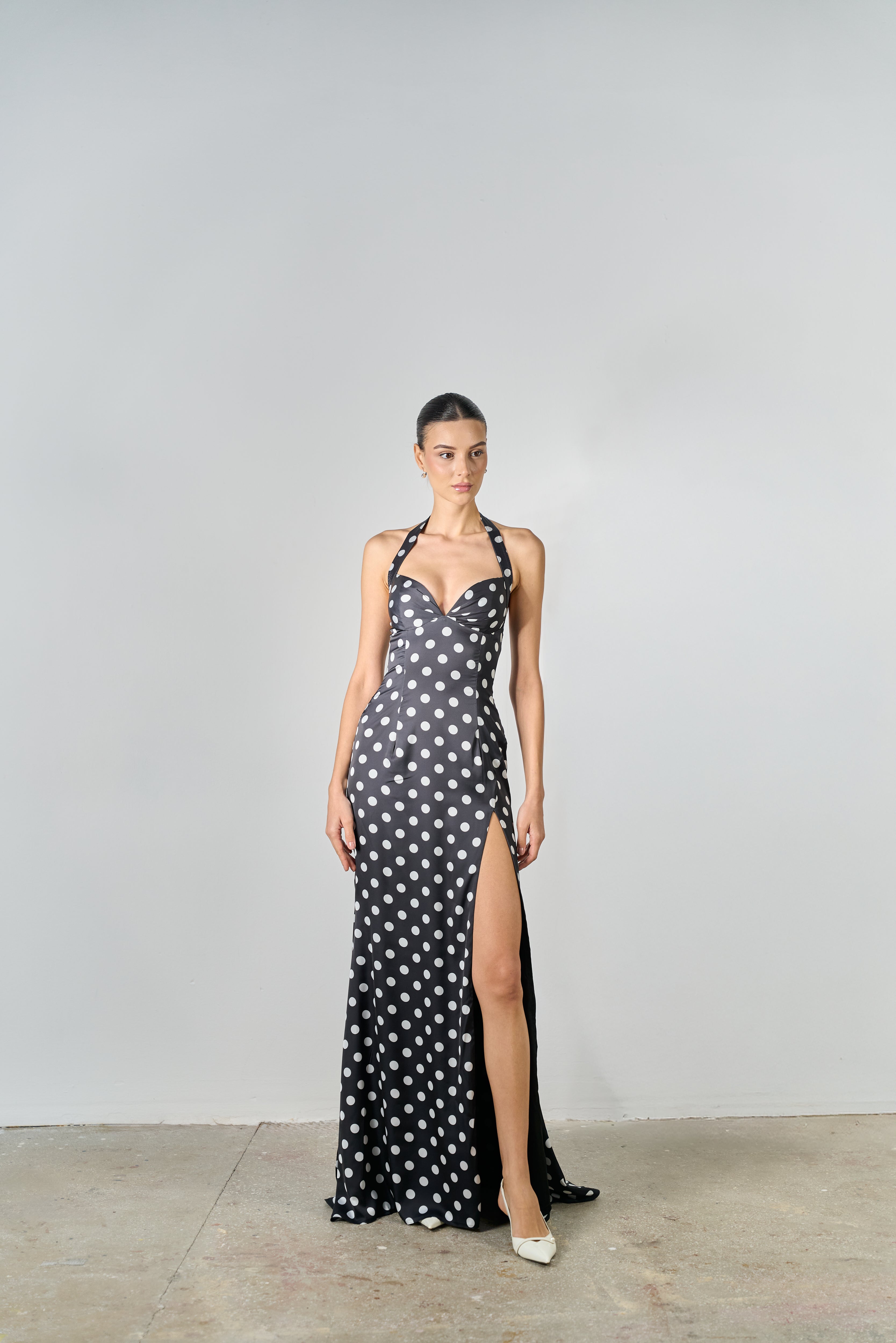 Poppy Dotted Halter Sweetheart Evening Gown | Designer Formal Dress In Stock / Black / S Poppy Dotted Halter Sweetheart Evening Gown | Designer Formal Dress In Stock / Black / S