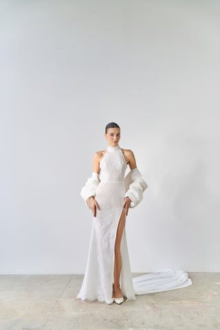 Mikado bow cape sleeves with chiffon train