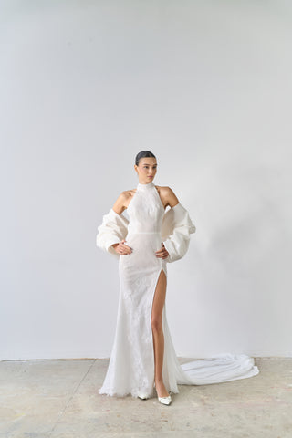 sachin and babi light blue dress Plunging Neckline Chiffon Wedding Dress With Detachable Cape Sleeves And Open Back