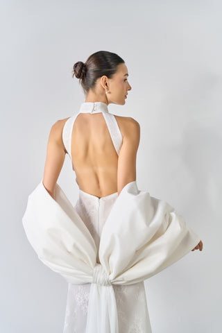 Mikado bow cape sleeves with chiffon train