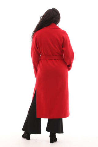 Chic midi wrap coat featuring a flattering V-neckline, long sleeves, and a belt tie to enhance the waist for a refined look.