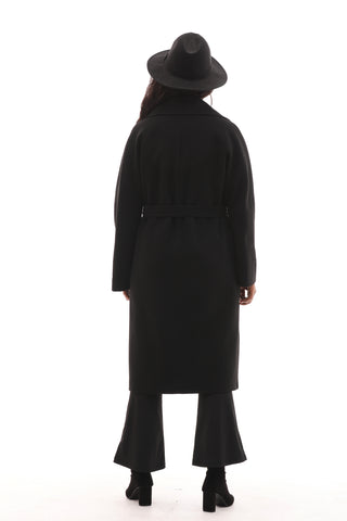 Timeless wrap coat with a flattering V-neck, long sleeves, and self-tie belt for an effortlessly chic formal style.