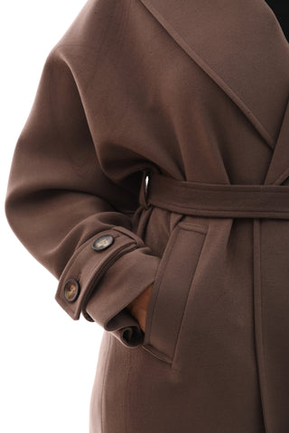 Elegant wrap coat with a structured silhouette, long sleeves, and a waist-defining tie belt for a refined finish.