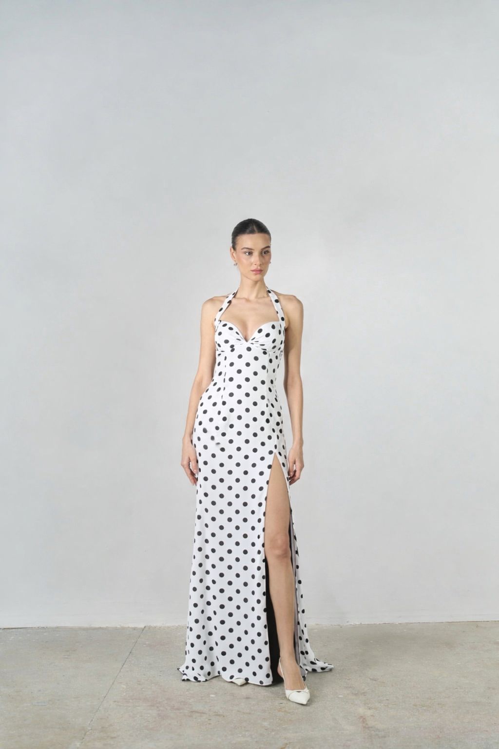 Poppy Dotted Halter Sweetheart Evening Gown | Designer Formal Dress In Stock / White / M Poppy Dotted Halter Sweetheart Evening Gown | Designer Formal Dress In Stock / White / M