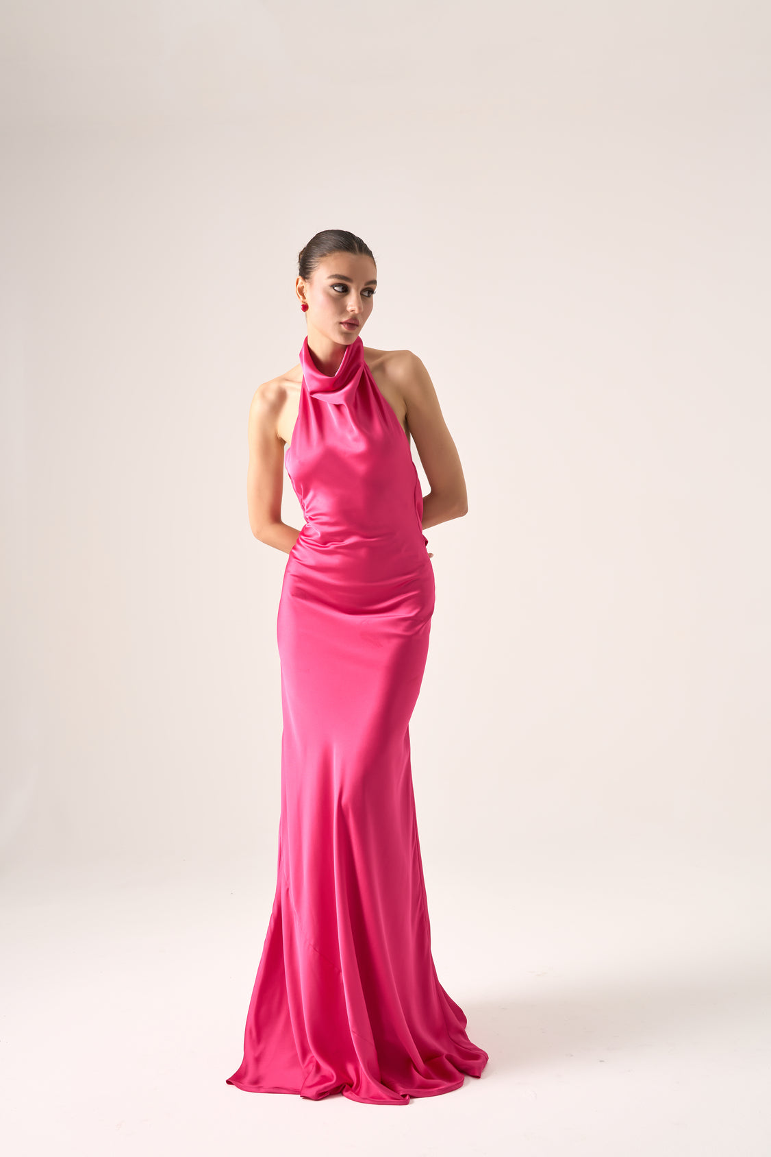 Muse Slinky Column Halter Maxi Evening Gown by Nadia's | Designer Formal Dress in Stock / Hot Pink / 8 Muse Slinky Column Halter Maxi Evening Gown by Nadia's | Designer Formal Dress in Stock / Hot Pink / 8