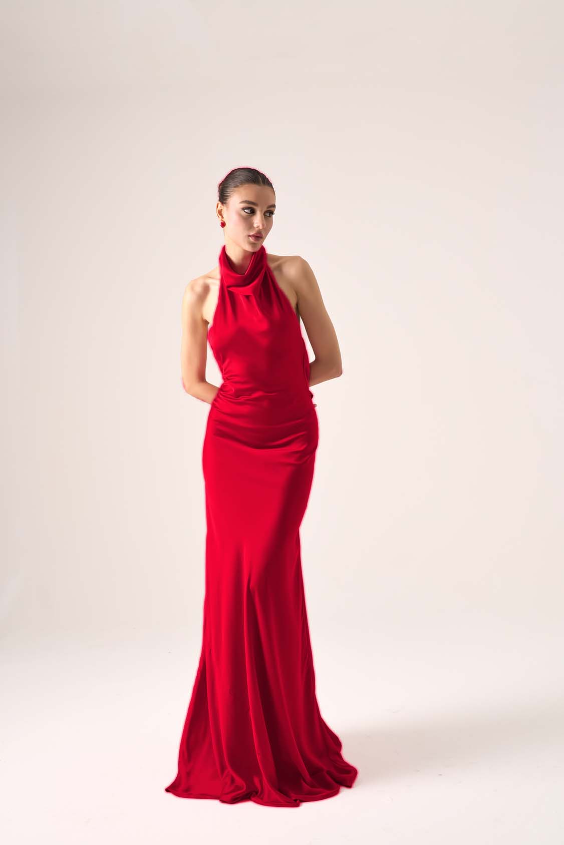 Muse Slinky Column Halter Maxi Evening Gown by Nadia's | Designer Formal Dress In Stock / Red / 16 Muse Slinky Column Halter Maxi Evening Gown by Nadia's | Designer Formal Dress In Stock / Red / 16