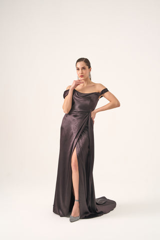 Off the Shoulder Liquid Satin Gown with Slit