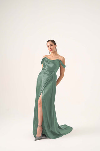 Off the shoulder satin gown with slit