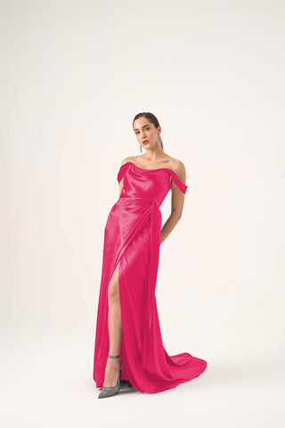 Off the shoulder satin gown with slit