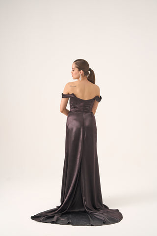 Off the Shoulder Liquid Satin Gown with Slit