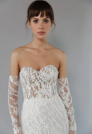 Daalarna bespoke sheath gown with couture beaded lace, sculpted corsetry, and artisanal made-to-order elegance