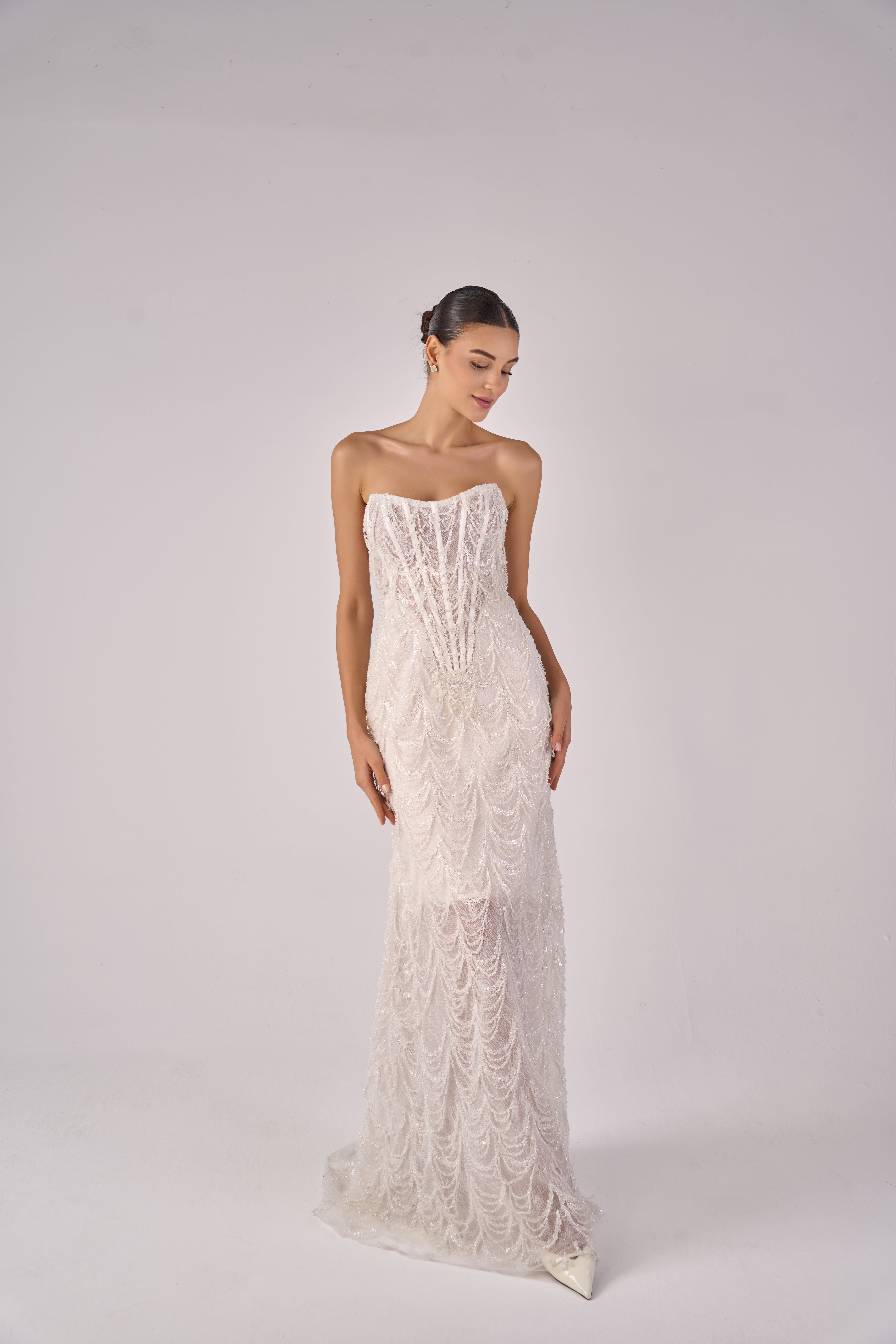 Ariel Strapless Beaded Wedding Dress Luxury Designer Bridal Gown Ivory / 0 Ariel Strapless Beaded Wedding Dress Luxury Designer Bridal Gown Ivory / 0